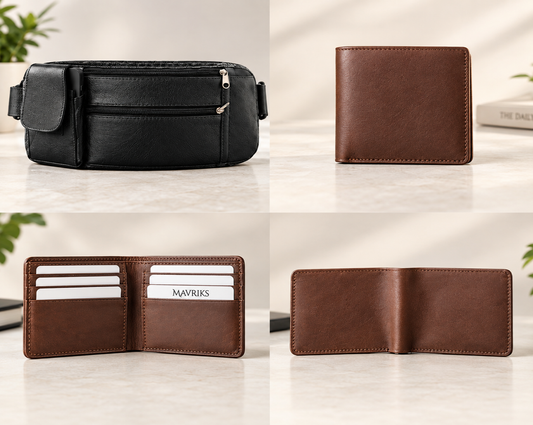 Bundle Deal - Hand Stitched Leather Wallet & Everyday Caring Waist Belt - Black Brown Combo