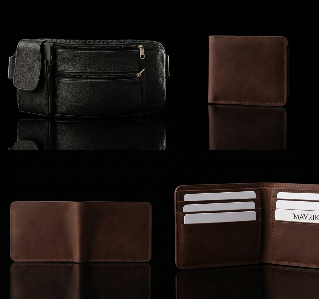 Bundle Deal - Hand Stitched Leather Wallet & Everyday Caring Waist Belt - Black Brown Combo