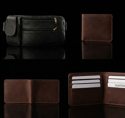 Bundle Deal - Hand Stitched Leather Wallet & Everyday Caring Waist Belt - Black Brown Combo